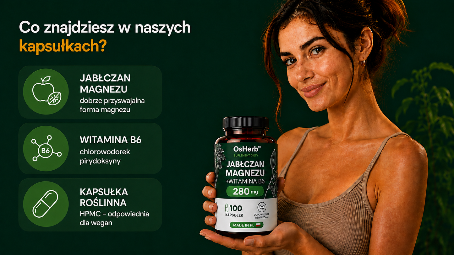 OsHerb Jabłczan Magnezu + Witamina B6  280 mg magnezu